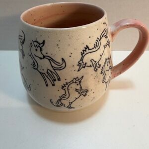 Unicorn Coffee Mug Pink Handle Speckled Crackle Glaze Stoneware 20 ozMeritage